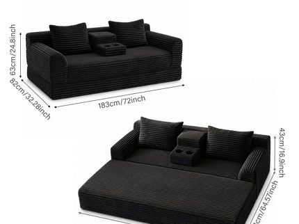 Soft Striped Convertible Sofa Bed, Dual Use Lounge Couch With Cup Holders And Pillows