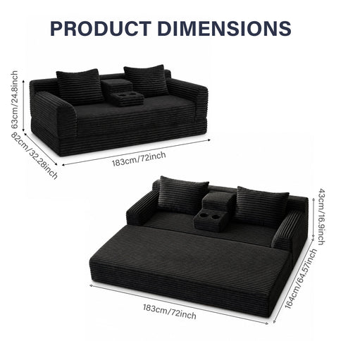 Soft Striped Convertible Sofa Bed, Dual Use Lounge Couch With Cup Holders And Pillows