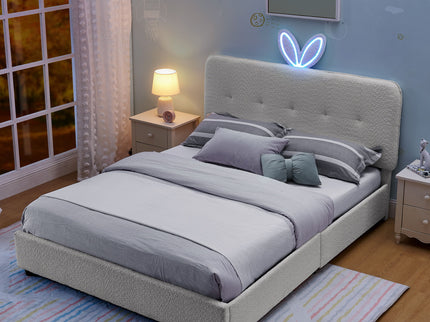 Upholstered Bed With Oversized Rabbit Ear Headboard, LED Lights & 4 Storage Drawers