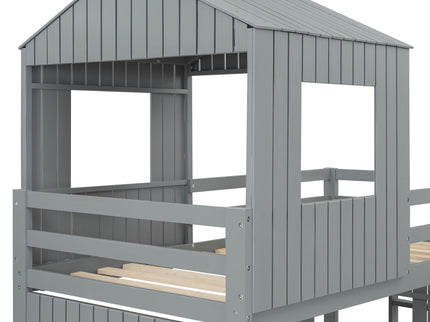 Loft Bunk Bed With Playhouse, Farmhouse, Ladder, Slide And Guardrails