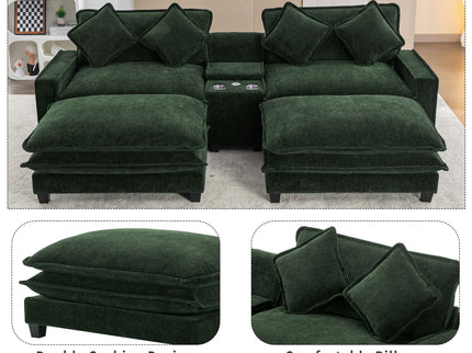 Sectional Sofa Upholstered Sofa With Two Removable Ottoman, Two USB Ports, Two Cup Holders And Large Storage Box For Living Room