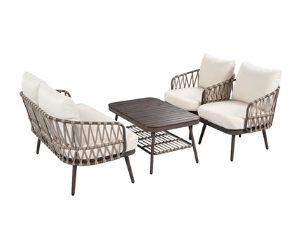 4 Piece Outdoor Patio Furniture Set, Metal Chairs With Woven Rope U Shaped Backrest