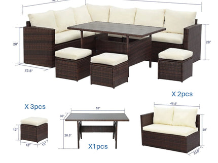 7 Piece Outdoor Dining Set With Cushions, Modular Sectional Sofa And Table