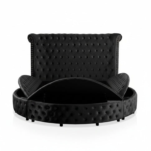 Glam Button Tufted Wingback Round Bed With Storage And USB Ports