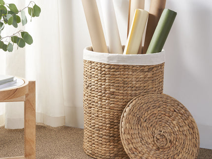 Round Tall Water Hyacinth Woven Wicker Laundry Hamper With Lid - For Clothes, Toys And Book Storage With Removable Liner - 15" X 15" X 20" - Natural Brown