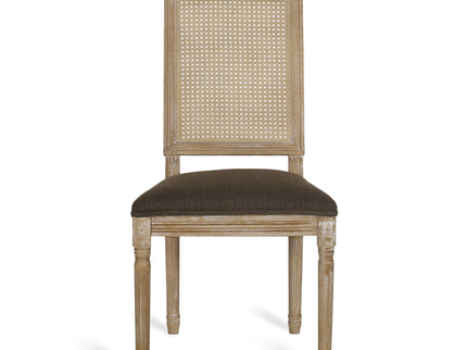 French Country Dining Chair With Rectangular Cane Backrest And Smooth Upholstered Seating