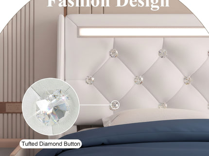 Wingback Upholstered Bed Frame With LED Lights, Charging Station