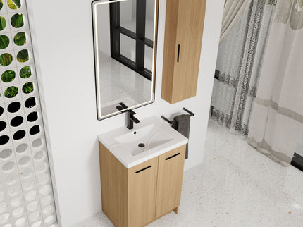 Freestanding Bathroom Vanity Set With Tall Linen Cabinet, Single Sink, Extra Storage, Soft Close Doors - Glossy White / Light Oak