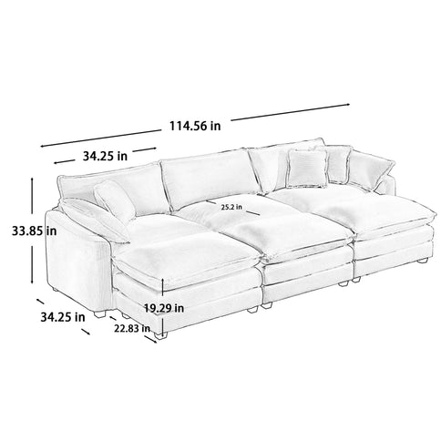 Modern Modular Cushion Sofa With Ottoman, Low Back, Deep Seating Sofa Set
