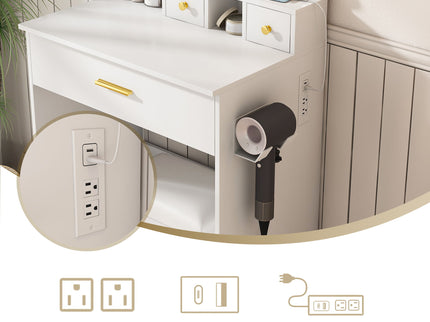 Vanity Table With Mirror, Adjustable LED Lights, Power Outlet, Hairdryer Holder & Stool