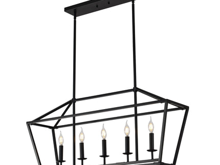 5 Light Farmhouse Kitchen Island Lighting, 5 Light Industrial Linear Chandelier For Dining Room Metal Hanging Pendant Light Fixture For Bedroom Living Room Hallway Conference Room - Matte Black