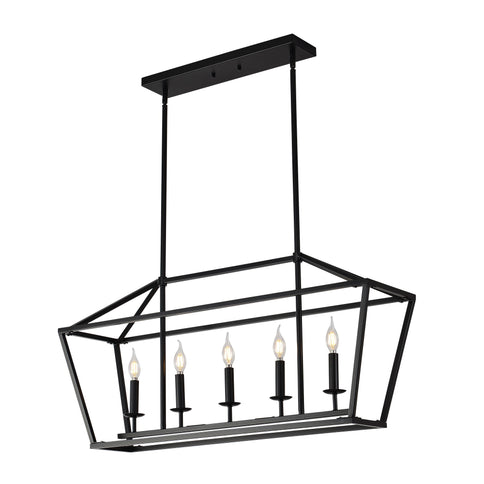 5 Light Farmhouse Kitchen Island Lighting, 5 Light Industrial Linear Chandelier For Dining Room Metal Hanging Pendant Light Fixture For Bedroom Living Room Hallway Conference Room - Matte Black