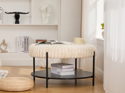 Modern Upholstered Round Ottoman Coffee Table With Storage Shelf