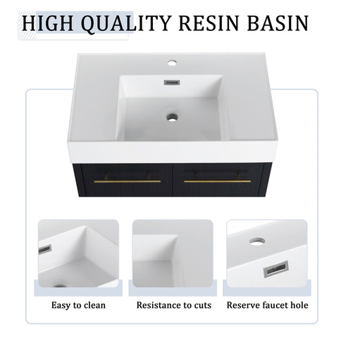 Modern Wall Mounted Bathroom Vanity With Thick Edge Resin Sink And Storage Rack