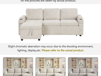 Convertible L Shaped Sofa Couch With Storage, Cup Holders, USB Ports
