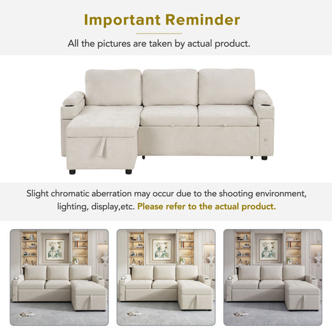 Convertible L Shaped Sofa Couch With Storage, Cup Holders, USB Ports