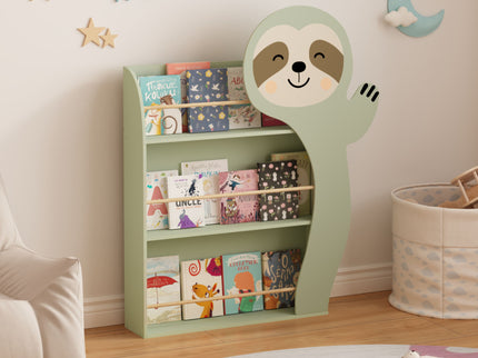 Sloth Bookshelf, Front Facing Toddler Book Display Rack With 3 Tiers, Cute Animal Design - Sage Green
