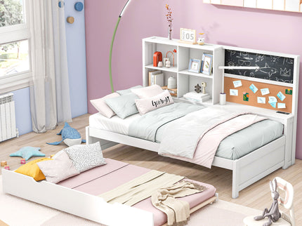 Twin Size Daybed With Storage Shelvesboard, Cork Board, USB Ports And Trundle - White