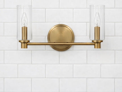 Regal - Double Light Vanity With Clear Ribbed Satin - Antique Brass / Clear
