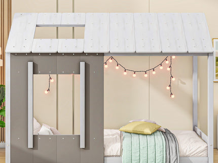 Twin Size House Platform Bed With Roof And Window - Natural / White