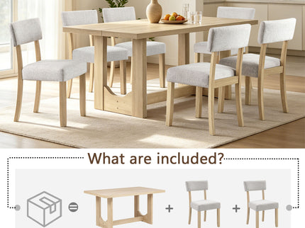 7 Piece Dining Table Set For 6, Rectangular Table With 6 Upholstered Chairs, Sturdy U - Shaped Base For Dining Room - Light Oak