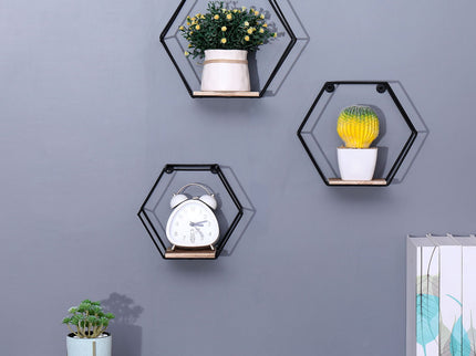 Wall Mounted Hexagonal Floating Shelves - Black (Set of 3) In Different Sizes, Modern Metal Wall Shelf, Simple Wood Partition Storage Shelves, Wall Decor Rack - Natural Wood