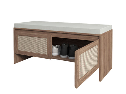Storage Bench With Cushion, Shoe Cabinet With 2 Doors - Antique Natural / Rattan