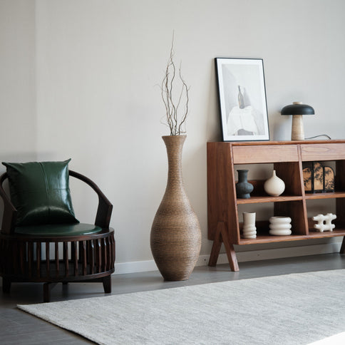 Tall Artificial Rattan Floor Vase In Elegant Statement Piece For Living Room Decor, Entryway, Or Hallway Versatile Home Accent For Dried Or Silk Floral Arrangements - Beige / Gray