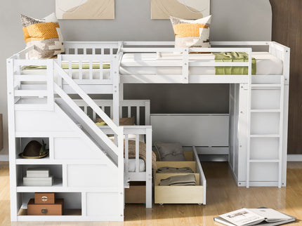 L Shaped Bunk Bed With 3 Drawers, Portable Desk And Wardrobe
