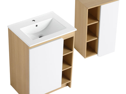24" Bathroom Vanity With Sink & Wall Mounted Side Cabinet, Vanity Set With Thin Edge Sink, Interchangeable & Door Panels, Open & Hidden Storage - Black / Light Oak / White
