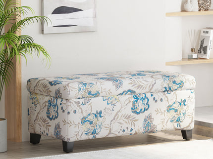 Luxury Storage Ottoman With Floral Patterned Fabric, Soft Close Hinges, Functional Footrest & Seat - Blue Flower / Blue Multi