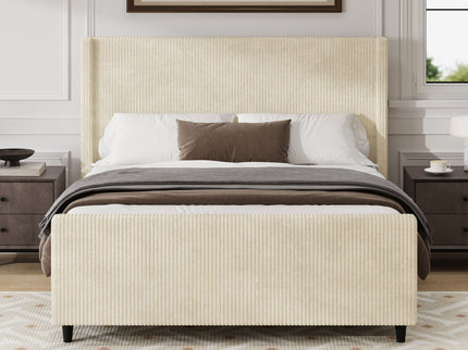 Upholstered Bed Frame With Vertical Stripe Wingback And High Footboard