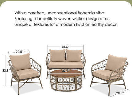 Bohemia-Inspired 4 Person Outdoor Seating Group With Removable Cushions, Conversation Patio Set With Wood Tabletop - Beige