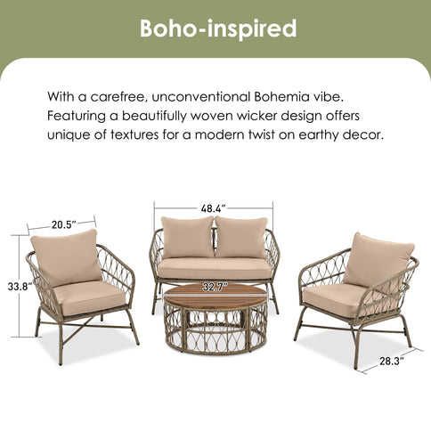 Bohemia-Inspired 4 Person Outdoor Seating Group With Removable Cushions, Conversation Patio Set With Wood Tabletop - Beige
