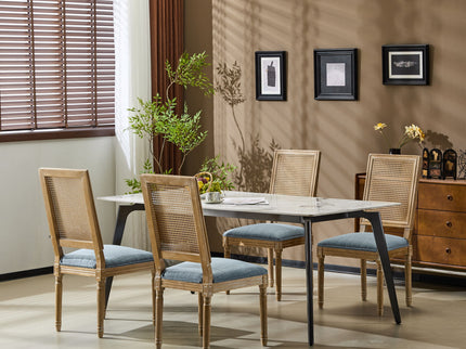 French Country Dining Chair With Rectangular Cane Backrest And Smooth Upholstered Seating