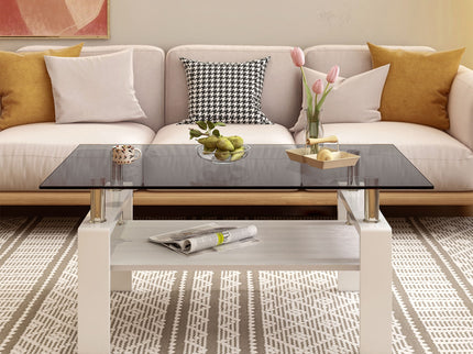 Modern Rectangular Coffee Table With Tempered Transparent Glass Top And Storage Shelf