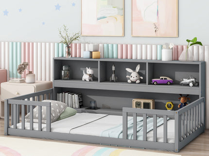 Floor Bed With Bedside Bookcase, Shelves, Guardrails