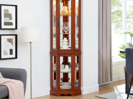 Corner Curio Cabinet With Lights, Adjustable Tempered Glass Shelves, Mirrored Back, Display Cabinet (E26 Light Bulb Not Included) - Walnut