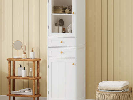 Tall Bathroom Storage Cabinet With Glass Doors, Free-Standing, Two Drawers, And Adjustable Shelves, Board, Painted Perfect For Displaying Your Favorite Items