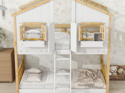 House Bunk Bed With Roof, Window, Window Box, Door, With Safety Guardrails And Ladder
