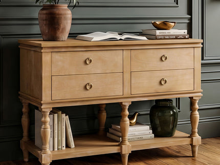 Console Table With 4 Soft Close Drawers, Thick Bottom Shelf For Living Room - Natural