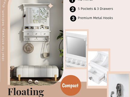 Floating Makeup Vanity With Big Mirror, Wall Mounted Storage Vanity With Drawers, Pockets & Hooks, Space Saving Decorative Home Organizer - White