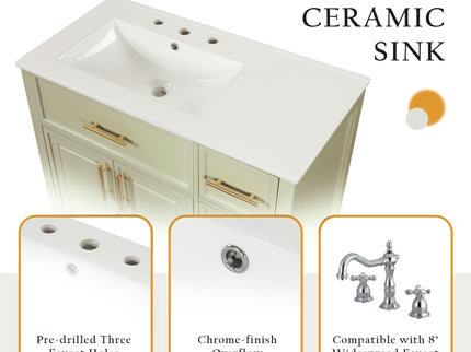 36" Bathroom Vanity With Sink, 2 Doors, 3 Drawers, Rectangular - White