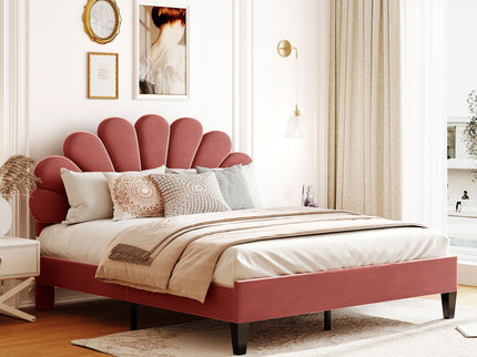 Upholstered Platform Bed With Flower Pattern Headboard