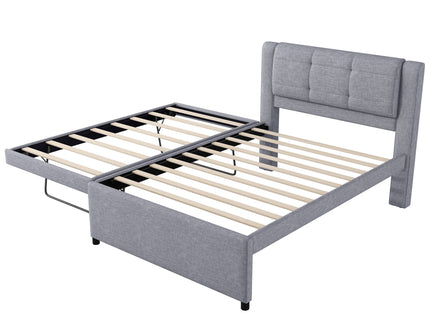Upholstery Platform Bed With Trundle, Trundle Can Be Flat Or Erected