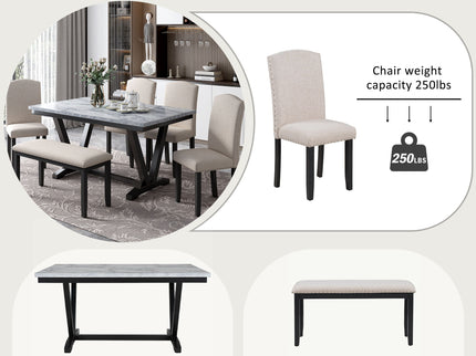 6 Piece Dining Table Modern Style With 4 Chairs & 1 Bench, Table With Marbled Veneers Tabletop And V-Shaped Table Legs - White