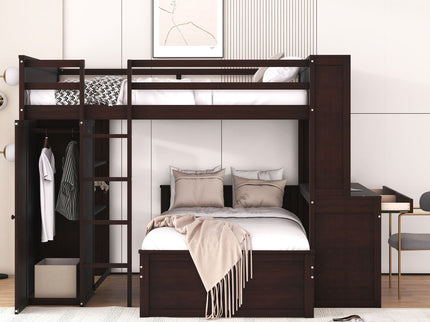 Loft Bed With A Twin Size Standalone Bed, Shelves, Desk, And Wardrobe