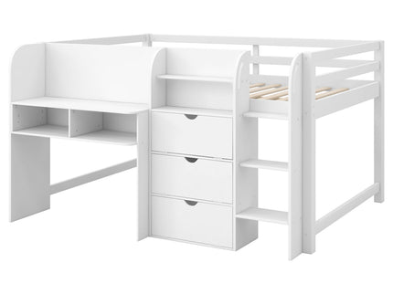 Low Loft Bed With Built In Desk, Storage Cabinets, Open Bookcase And Doodle board