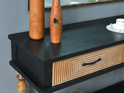 Accent Carved Console Table With Open Shelf And 2 Drawers Living Room - Black / Natural Wood Wash