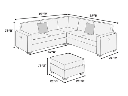 Upholstered L - Shaped 4 Piece Sectional Set With USB, Cocktail Ottoman